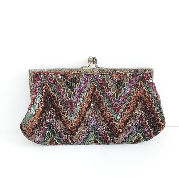 Vintage 1980s Beaded Clutch Kiss Lock Chevron Multicolor Evening Bag Hollywood - Picture 9 of 9